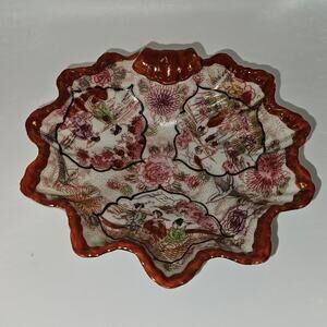Vintage Japanese Porcelain Scalloped Dish Geisha Floral Red Rim